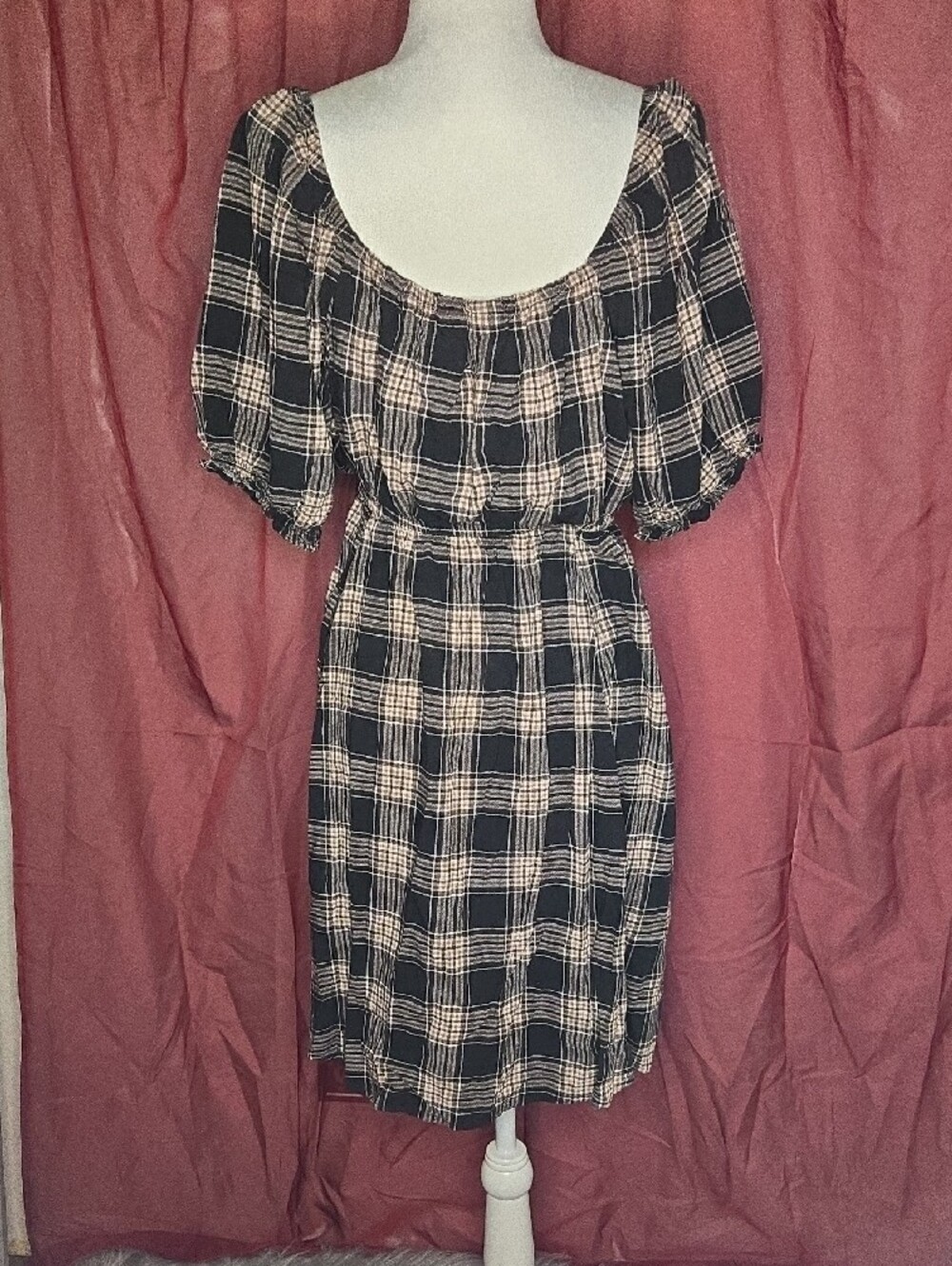 torrid Black and Cream Plaid Midi Dress with Puff Sleeves - Picture 3 of 5